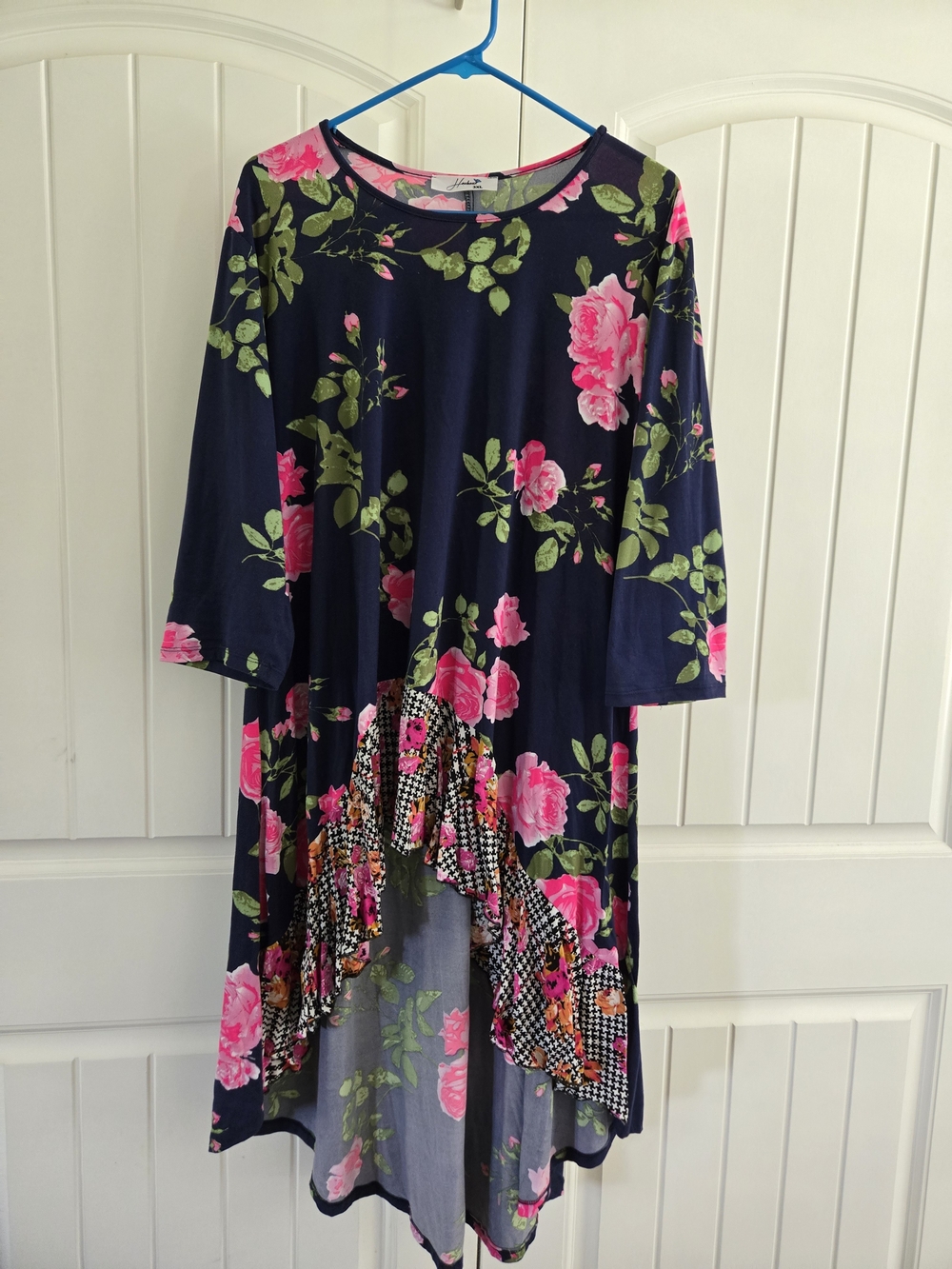 Navy Pink Floral High-Low Tunic Dress Ruffle Hem 3/4 Sleeve